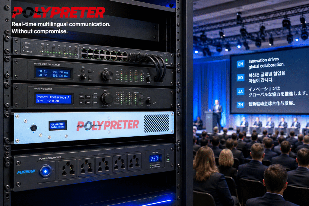 Polypreter embedded in a server rack at an event. On the right side a man is presenting something and his words are displayed on a screen.